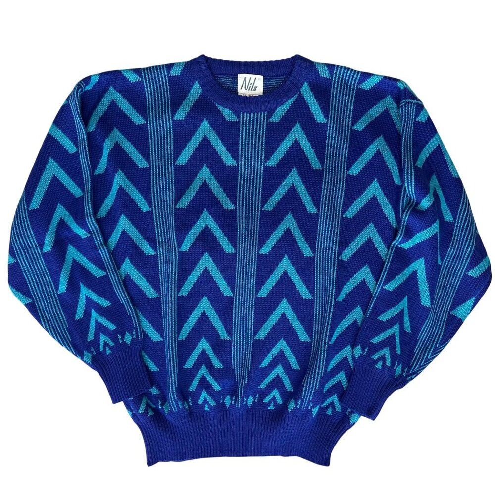 NILS Vtg Mens Size Large Blue/ Aqua Geometric Wool Blend Pullover Sweater